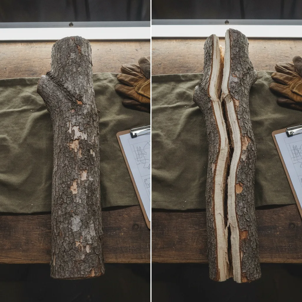 Two tree limb sections on a workbench — one intact, one split open to reveal an internal crack an arborist inspection would catch