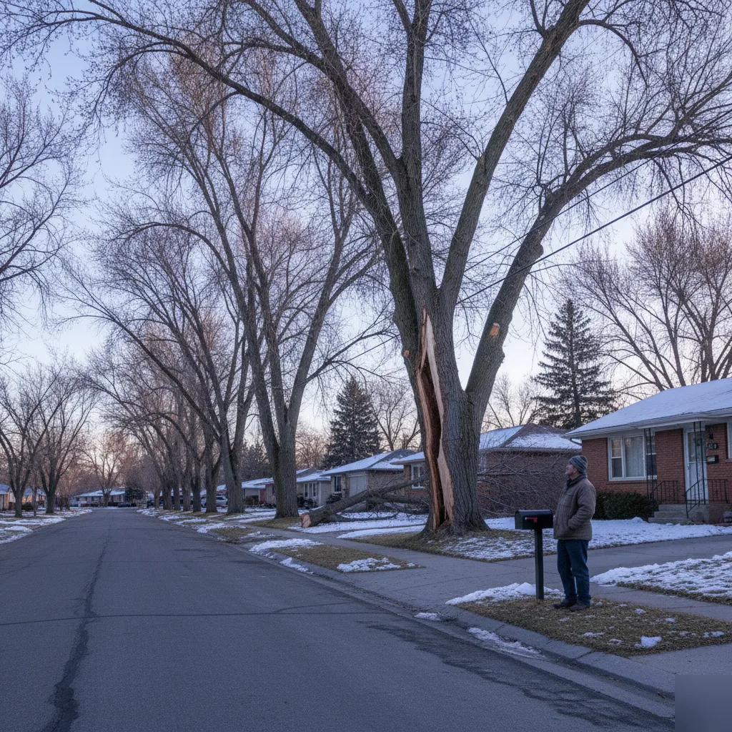A split, storm-damaged tree leaning over a snowy West Valley City street while a resident looks on