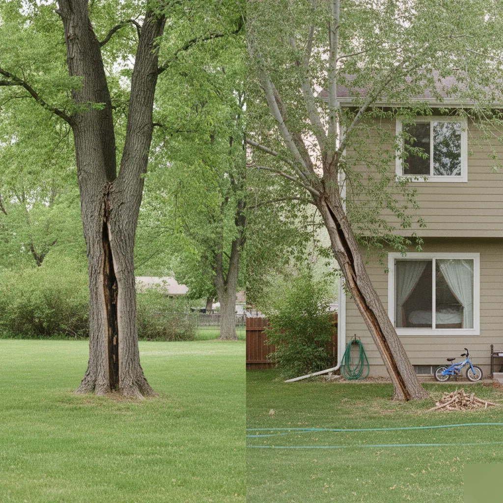 Side-by-side comparison of a cracked leaning tree over open lawn versus the same defect leaning over a house, showing how proximity changes risk