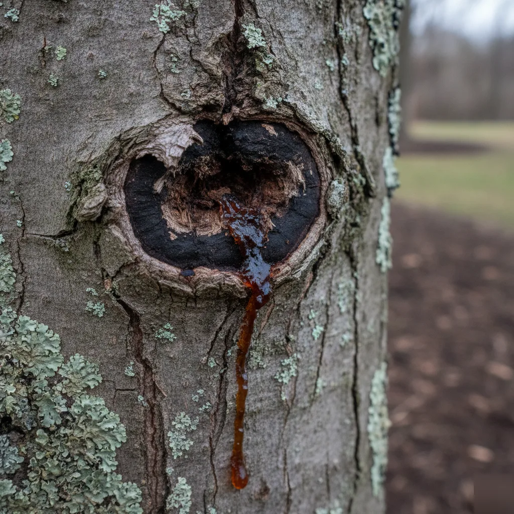 Close-up of a canker and decay pocket oozing sap on a tree trunk — an early warning sign of internal decline